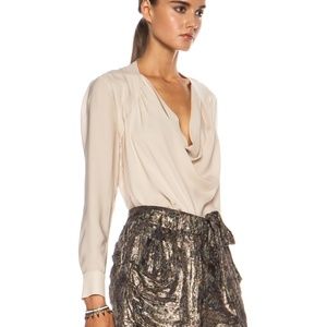 Haute Hippie Long Sleeve Cowl Silk Blouse in Buff